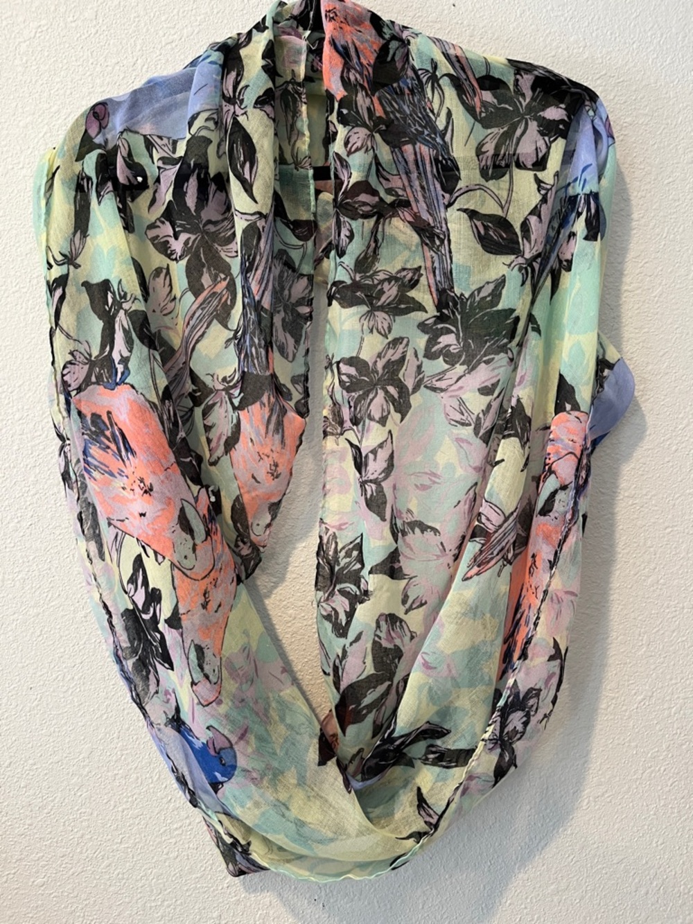 Bird motif Infinity Scarf in Tropical Mint, Coral & Black, beautiful pattern!